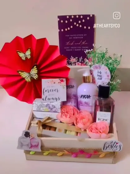 A lovely bridesmaid hamper featuring Nykaa and Victoria's Secret products. It's a perfect thank you gift for your besties, complete with macarons and personalized cards.