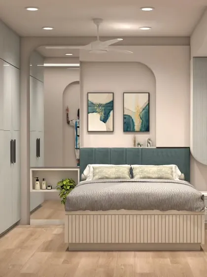 We believe in creating rooms that grow with your child. This football themed bedroom is designed with ample storage in the custom wardrobes, a comfortable bed, and a dedicated study area, all in a calming and modern color palette.