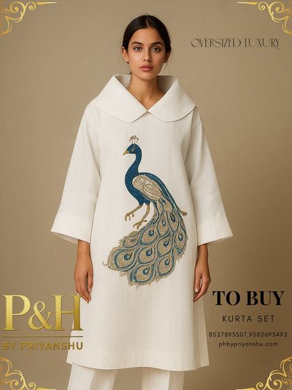 A three-quarter view of the white linen kurta set, highlighting the oversized collar and the elegant drape of the fabric.
