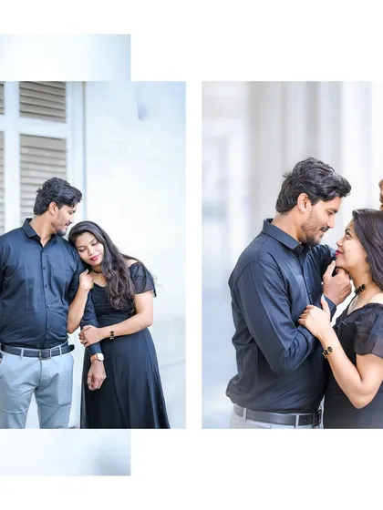 A diptych of candid and romantic poses against the classic architecture of South Mumbai, capturing the couple's interaction.