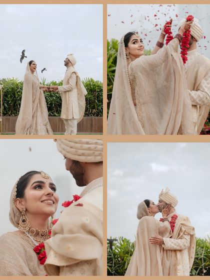 A collage of the couple's romantic moments, from exchanging garlands to sharing a kiss.