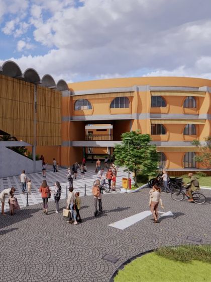An exterior view of the Urban Gurukul concept, showing the organic, curved forms of the building. The design is meant to reflect the journey of a student's life, with spaces that adapt and flow.