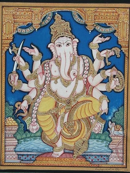 A creative depiction of Lord Ganesha with ten hands, each holding a powerful Ayudha (weapon). This artwork symbolizes his immense power and ability to protect and bless his devotees.