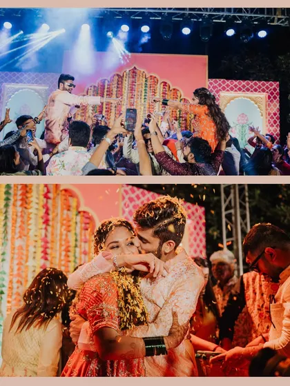 A collage capturing the energy of a 'Phoolon ki Haldi'. From the high-energy stage moments to the intimate embrace amidst a shower of petals, it was a celebration of pure joy.