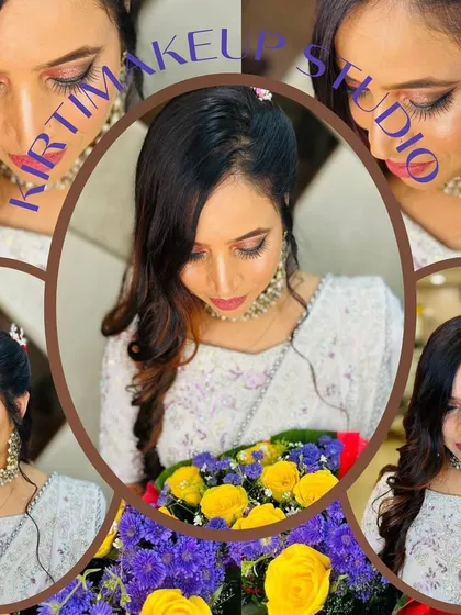 A collage of the client with the flower bouquet, showing different angles of her soft makeup and simple, elegant hairstyle.