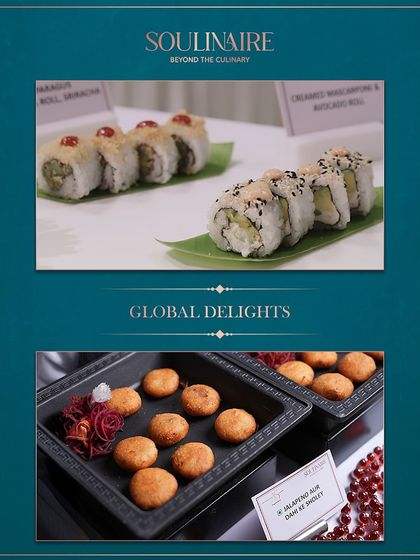 A collage of global delights, featuring asparagus sushi rolls and jalapeño and corn dahi ke sholey. We offer a diverse menu that blends international and Indian flavours.
