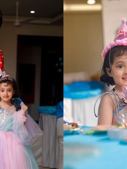 Look who came to the party! A little girl poses with a Minnie Mouse mascot, a perfect addition to any Disney-themed birthday celebration. These interactions make for fantastic photo opportunities.