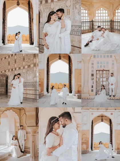 A grid collage showcasing the best moments from a pre-wedding shoot inside Amer Fort, capturing the couple in various beautiful spots.