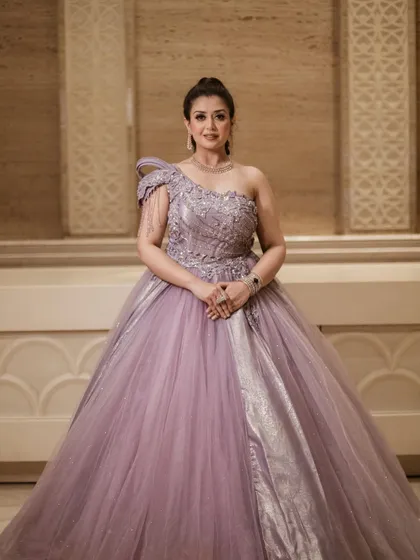 A classic portrait in our royal lavender ball gown. The model's pose showcases the gown's elegance and the intricate craftsmanship of the one-shoulder bodice.
