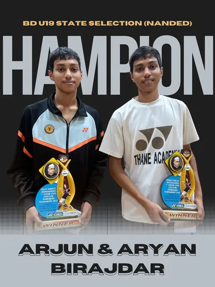 The champion twins, Aryan and Arjun Birajdar, after winning the Boys Doubles U19 title at the Maharashtra 1st Junior State Selection Tournament in Nanded.