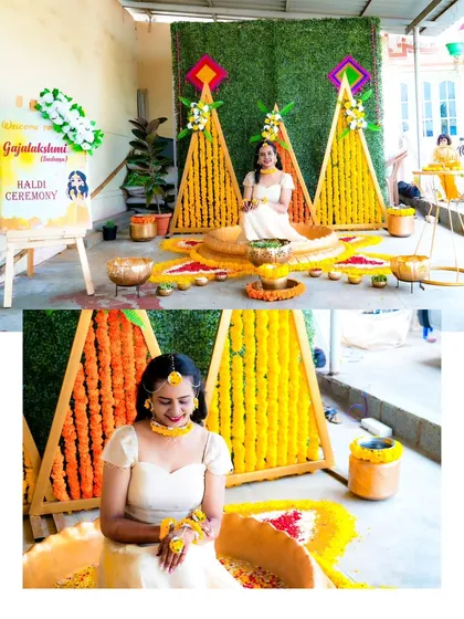 A look at the beautiful Haldi decor and the happy bride. The setup with marigold flowers and a custom welcome sign adds a personal touch to the event.