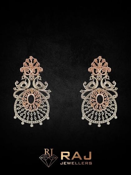A pair of chandelier earring mountings with a peacock-inspired design. The two-tone gold finish adds depth, while the openwork allows for a piece that is large in scale but comfortable to wear.