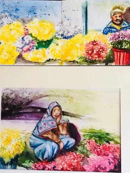 Two of my finished watercolor paintings from the flower market. One captures a vendor surrounded by marigolds, and the other a woman selling her vibrant flowers.
