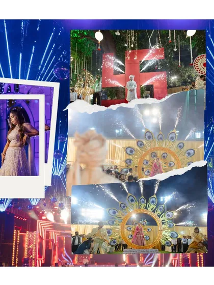 A creative collage combining the energy of the Sangeet with the grandeur of the wedding ceremony, telling a story of love and celebration.