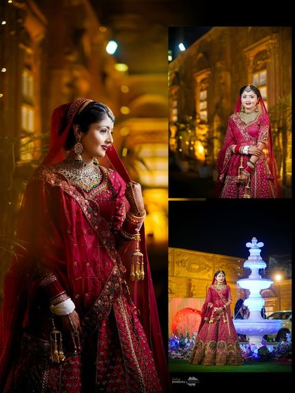 A collage of the bride in her beautiful red lehenga. The different angles and the grand venue with a fountain create a series of regal and elegant portraits.