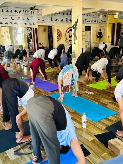 A class of students in a forward bend, releasing their spines. This is an essential part of cooling down and integrating the benefits of the practice.