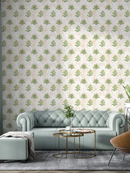 This subtle botanical pattern in a soft green adds a delicate and fresh touch to the room. It's a versatile design that pairs well with both classic and contemporary furniture styles.