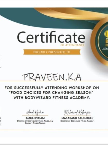 My certificate from a nutrition workshop. Understanding food is a key part of any fitness plan, and I'm always learning more.