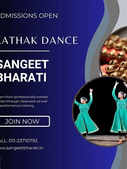Admissions are open for our Kathak batches. This graphic highlights the core elements of our training: learning from professional artists and gaining performance experience.