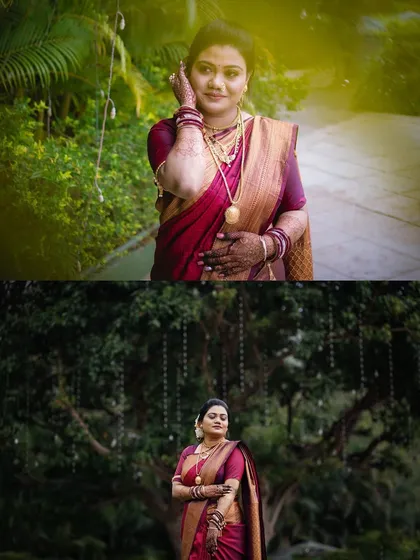 A combination of a close-up and a wide shot of the bride in a lush green environment. This shows both her beautiful expression and her elegant presence in the setting.