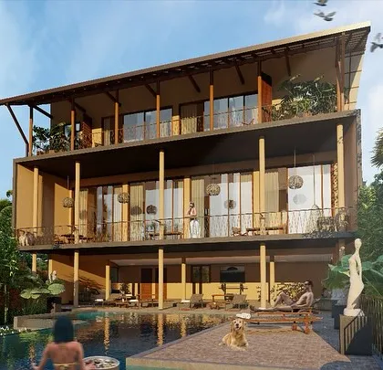 A view of our five-bedroom villa in Calangute, currently under construction. The design features expansive balconies and shaded common areas that overlook the pool and surrounding nature, creating a perfect balance between private sanctuaries and spaces for family gatherings.