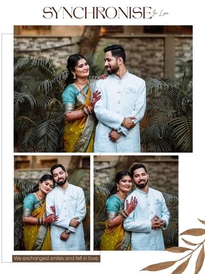 A collage of an engaged couple in a garden setting, featuring a mix of loving gazes and gentle embraces.