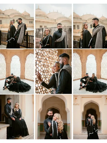 This nine-image grid showcases Harpreet and Arpanjot's stunning black traditional outfits against the sandstone of Amer Fort, demonstrating a complete look from their royal-themed shoot.
