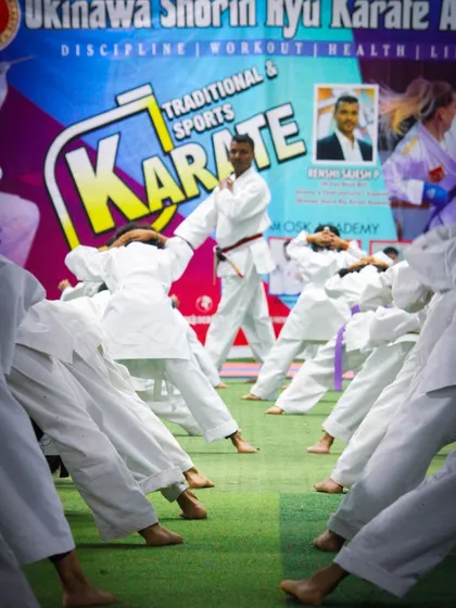 A wide view of students in formation, demonstrating the discipline and order of our belt examination events.