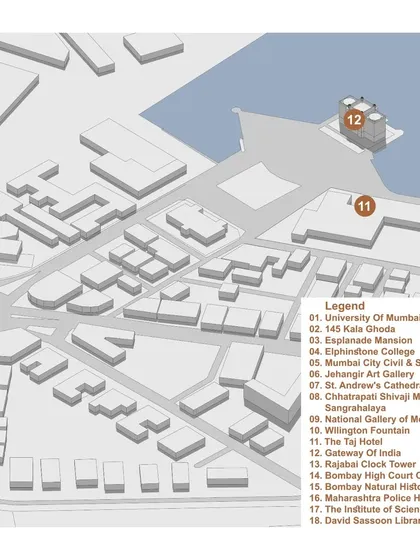 A map of the Kala Ghoda area with a legend identifying key historical and cultural landmarks. Our design is deeply integrated with the existing urban fabric, enhancing connectivity between these important sites.