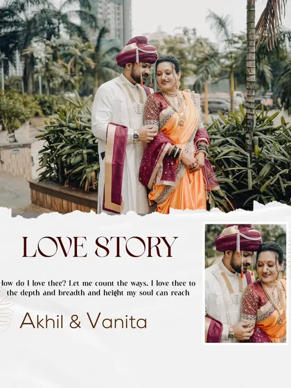 This "Love Story" collage combines a beautiful outdoor portrait with a close-up of the couple's intimate moment. It’s a perfect summary of their journey together on their wedding day.