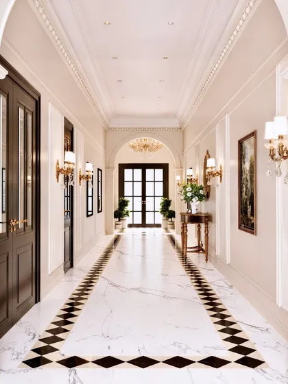 A visualization of a grand, classical hallway. The render's focus is the polished marble floor with its geometric border, which creates a strong sense of perspective and luxury.