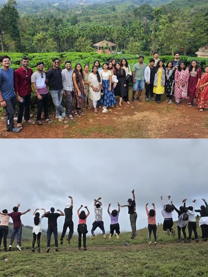 A collage from the Kudremukh trek, showing the group in a tea garden and jumping for joy on a grassy meadow.