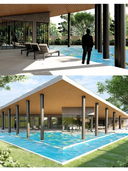 A conceptual render by Raghav for a clubhouse surrounded by a lotus pond, showcasing his ability to create serene and immersive architectural experiences.