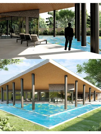 A conceptual render by Raghav for a clubhouse surrounded by a lotus pond, showcasing his ability to create serene and immersive architectural experiences.