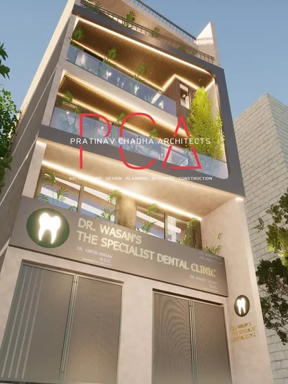 A photorealistic 3D visualization for an ongoing luxury project in Mukherjee Nagar, New Delhi. This render demonstrates my process of using geometric angular projections and harmonious material palettes to conceptualize a mixed-use building that houses both a residence and a specialist dental clinic.