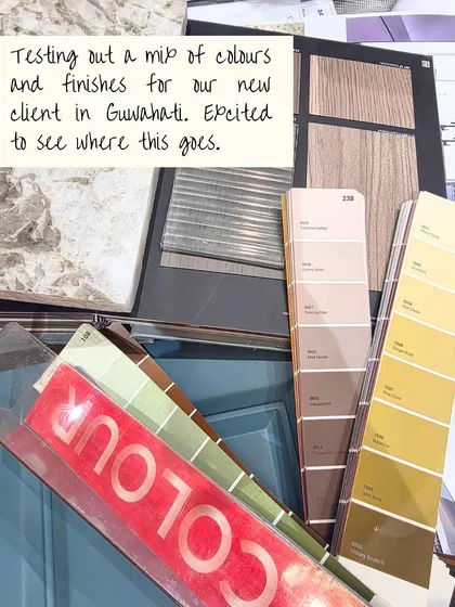 Testing out a mix of colors and finishes for a new client in Guwahati. This is a critical part of the design process, where we play with different combinations to find the perfect palette that reflects the client's personality.