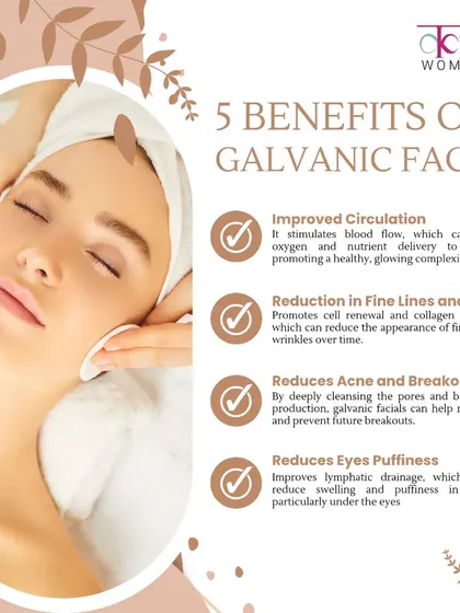 The Galvanic facial offers multiple benefits, including improved circulation, reduction in fine lines, clearing of acne and breakouts by balancing oil production, and reducing eye puffiness through lymphatic drainage.