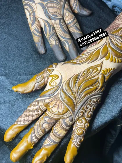 A creative design showing the initial henna application on one hand and the darker, stained result on the other.