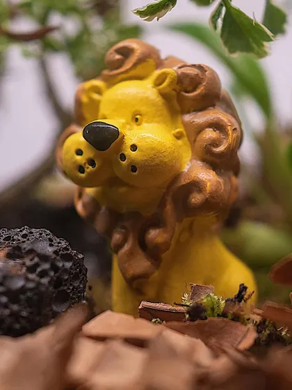 Another angle on the lion figurine, showing how it's placed within the leafy landscape. These terrariums are perfect for baby shower gifts or birth announcements.