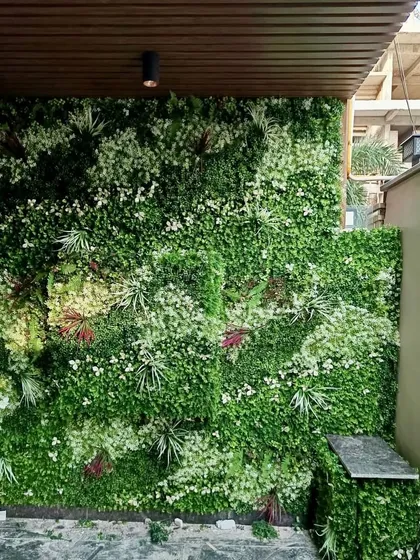 The same residential green wall, showing how it fits perfectly into the covered patio area, creating a feature wall.