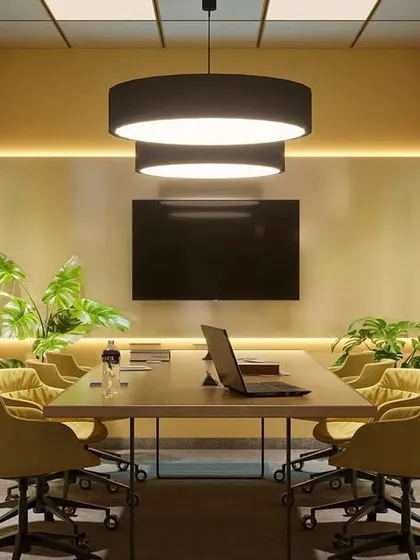 A vibrant yellow meeting room designed to energize and inspire. The monochromatic color scheme is bold and confident, creating a memorable space for creative sessions.