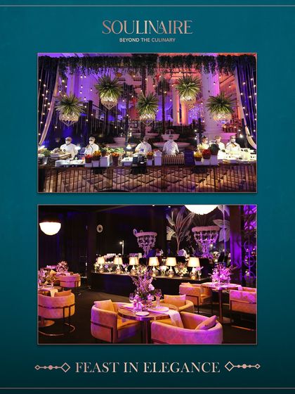 A collage showing how we help you feast in elegance, with images of our live stations and chic lounge seating.