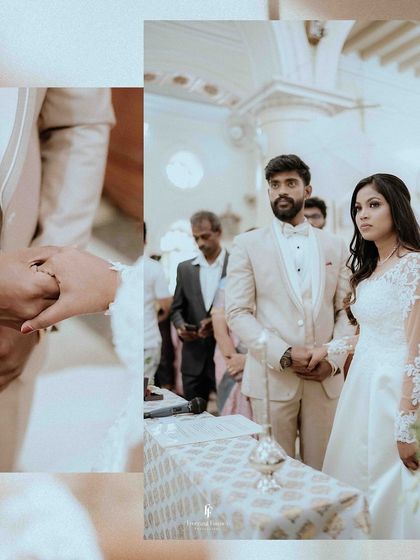 A collage showing the exchange of rings during a Christian wedding ceremony.