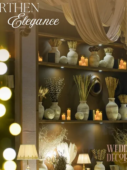 A softly focused shot of the 'Earthen Elegance' lounge shelves, with bokeh lights in the foreground, creating a dreamy and warm atmosphere.