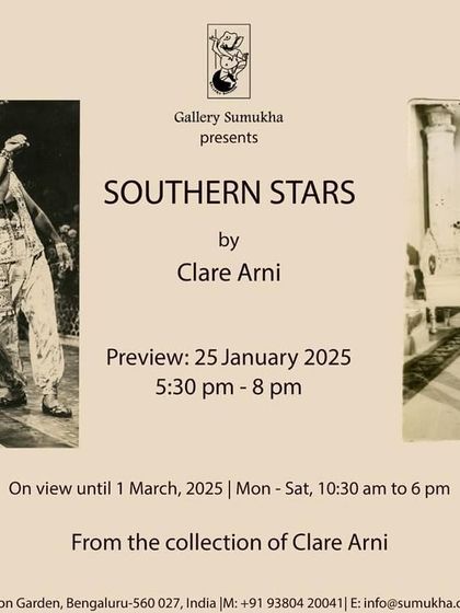 The invitation for 'SOUTHERN STARS' by Clare Arni, featuring vintage stills of South Indian cinema icons. The exhibition delves into the cultural phenomena of these cinematic legends.