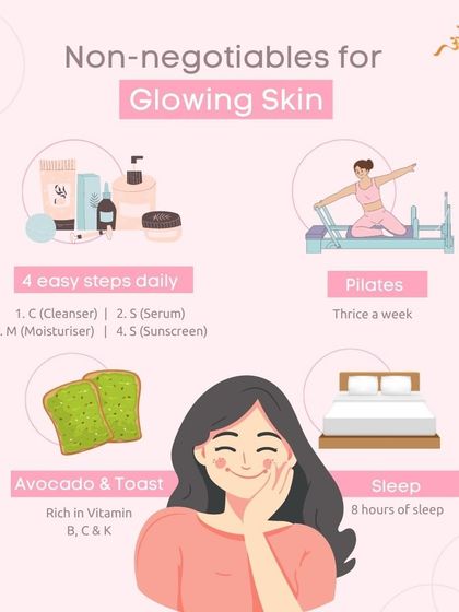 The non-negotiables for glowing skin go beyond products. A daily 4-step skincare routine, Pilates three times a week, a diet rich in vitamins from foods like avocado, and 8 hours of quality sleep are the pillars of true skin health.