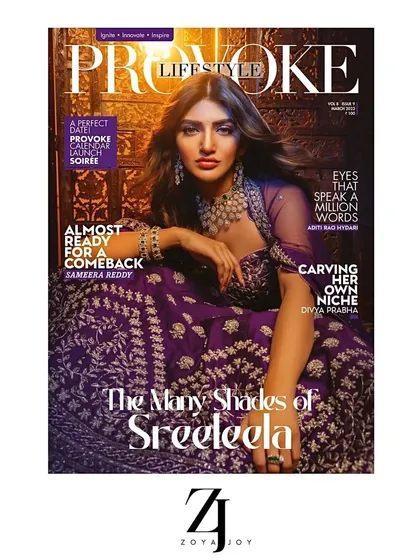 For the cover of Provoke Lifestyle magazine featuring the talented Sreeleela. I directed this shoot to capture a look of modern royalty, styling a heavily embroidered purple lehenga with statement diamond jewelry to create a powerful and elegant image.