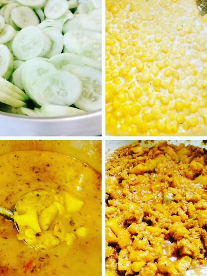 We prepare all elements of your meal with care in our home kitchen. Here you can see fresh cucumber salad, boondi for raita, a simple potato sabzi, and a delicious paneer curry being prepared for our daily tiffin orders.