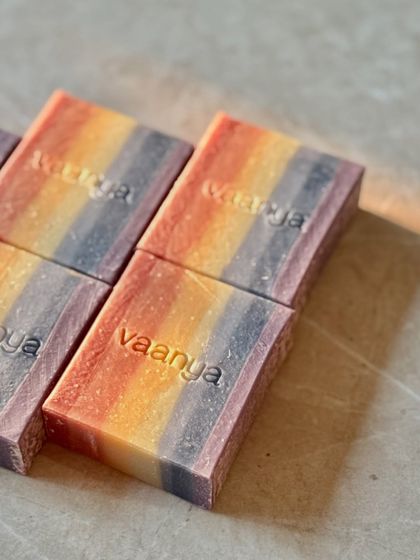 The beautiful, warm tones of our Rainbow Artisan Soap catching the light. This bar is a feast for the eyes and the nose, with its complex fruity and spicy aroma.