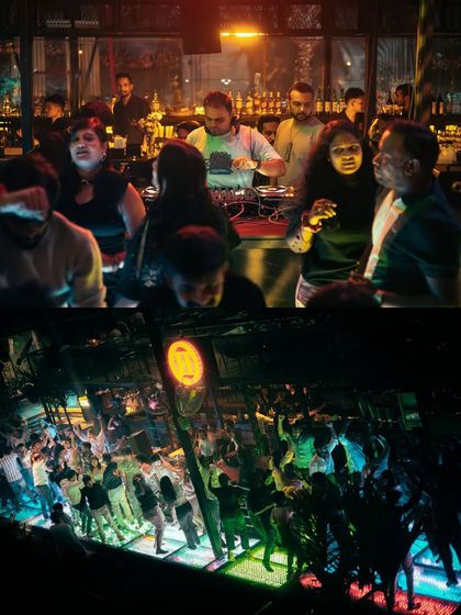 A collage of moments from Hoot Cafe, showing the lively outdoor party scene.